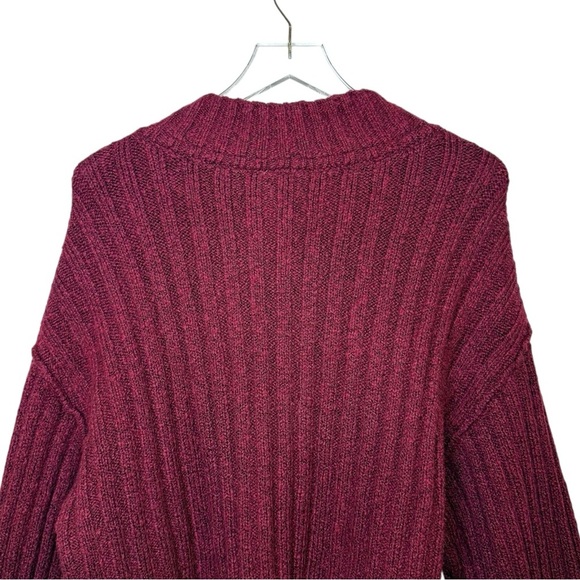 Free People Burgundy Ribbed Chunky Women’s Popover Oversized Henley Sweater Sz M - Picture 10 of 13